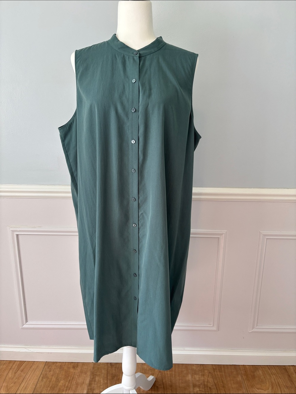 Eileen Fisher Tencel Lyocell Poplin Mandarin-Collar Dress Sz XL Green Lagenlook